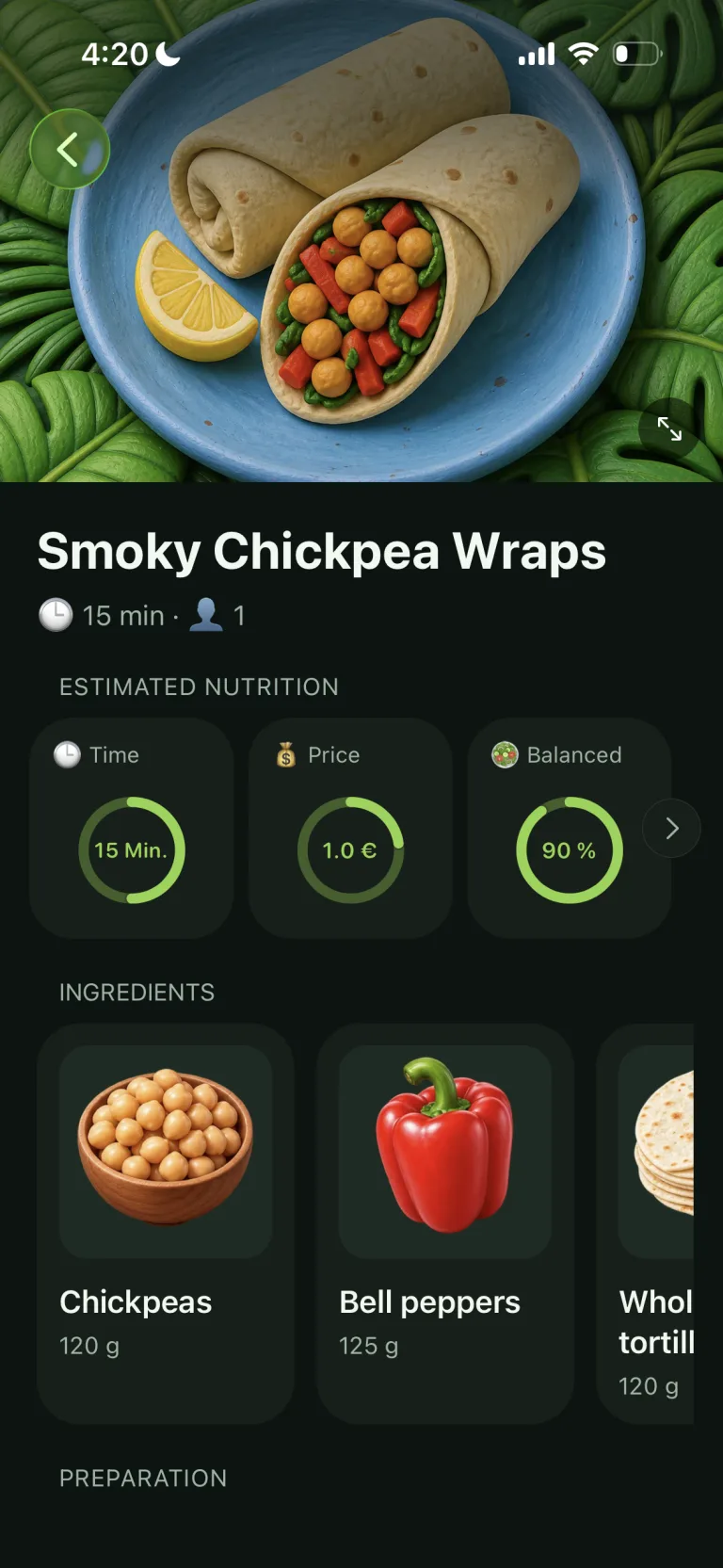 Receta vegana con tiempo, precio e información nutricional