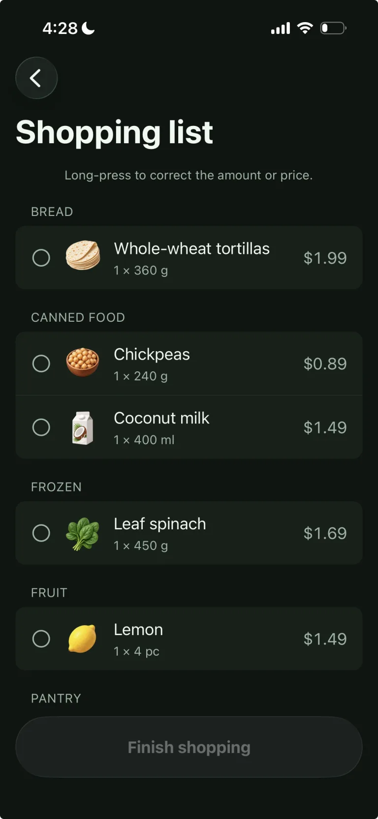 Lista de la compra de VegPlan con ingredientes, cantidades y precios estimados