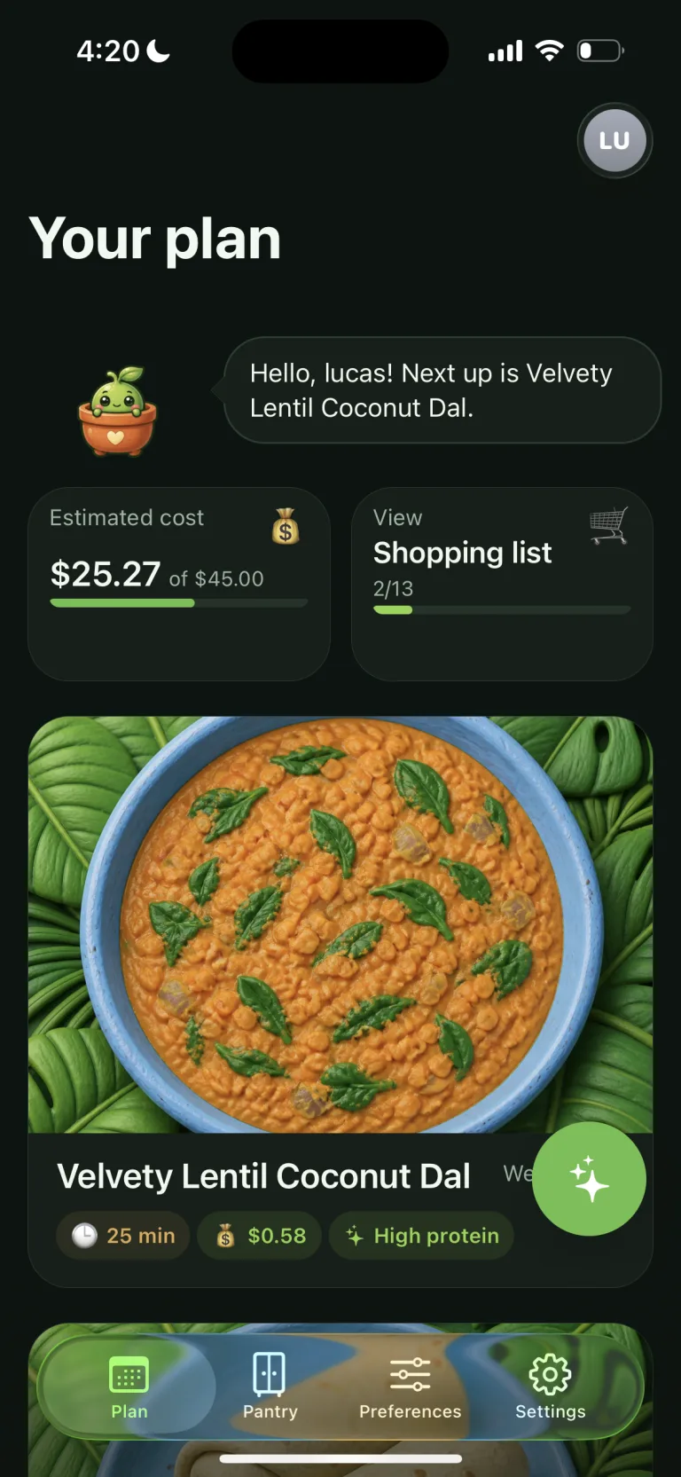 Menú vegano semanal personalizado en la app VegPlan